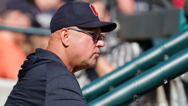 Oct 1, 2023; Detroit, Michigan, USA; Cleveland Guardians manager Terry Francona (77) in the dugout before the game against the Detroit Tigers at Comerica Park.